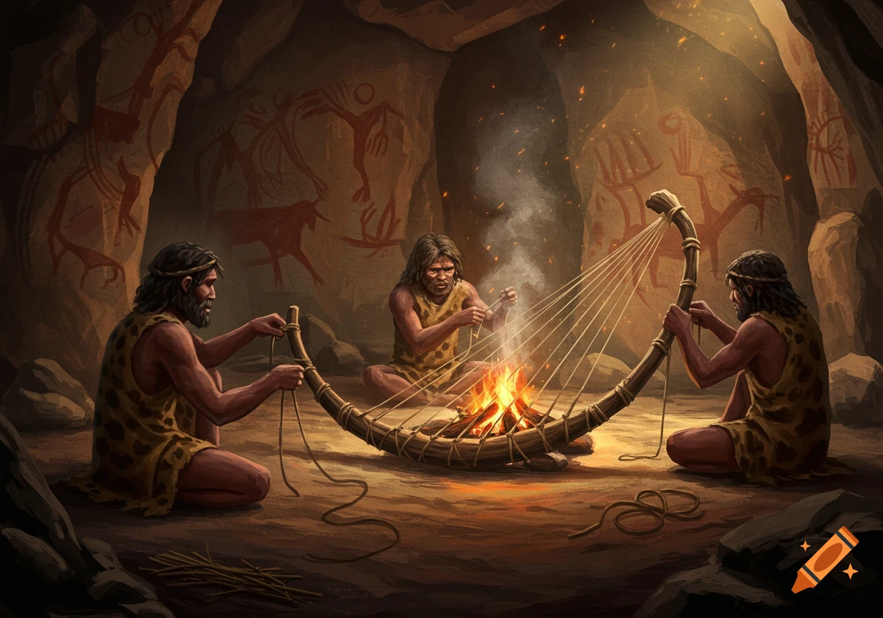 Three cavemen in a dimly lit cave, illuminated by a campfire, stretching strings over a large wooden frame.