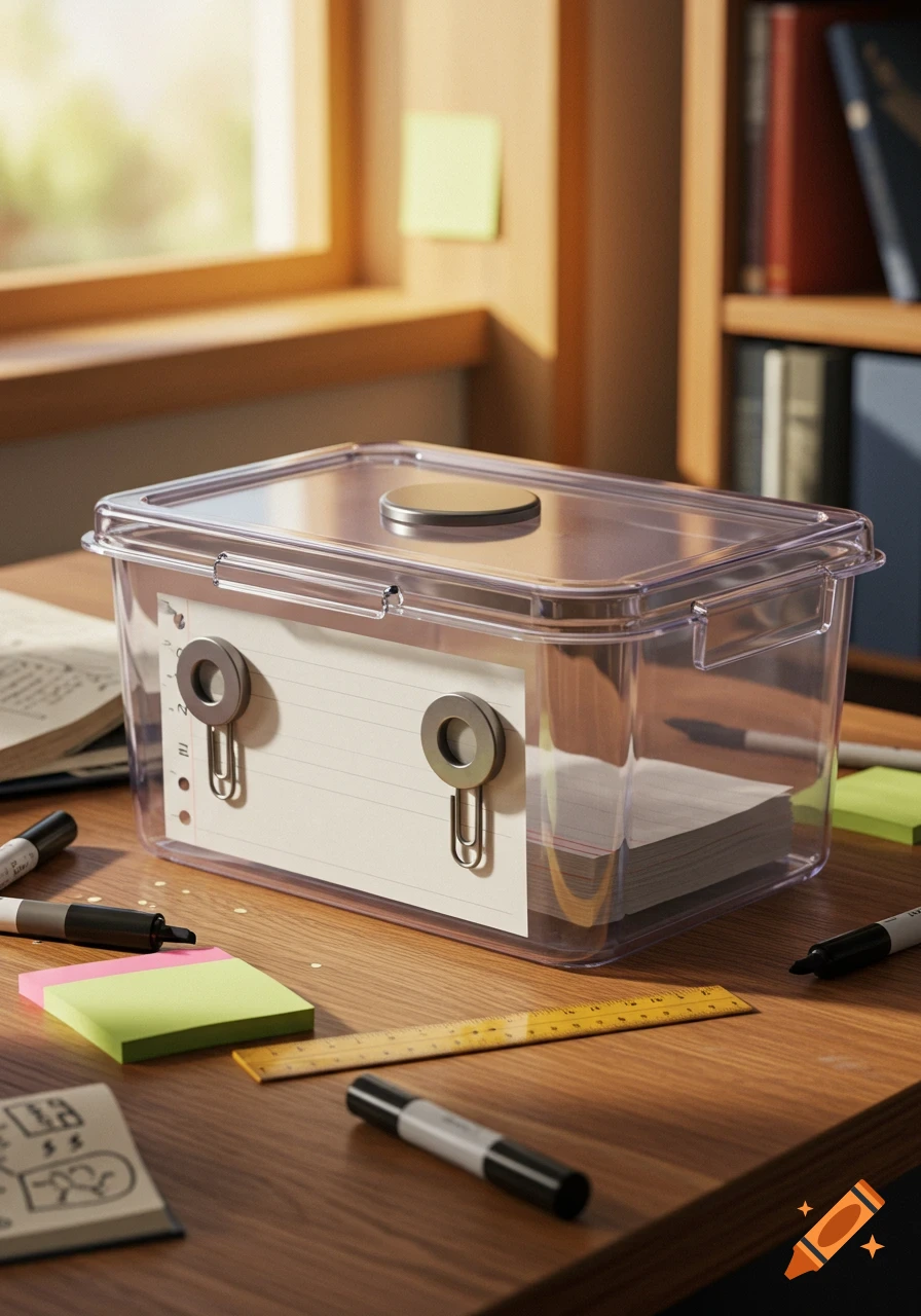 A clear plastic container with a magnetic lid holds paper, with two papers clipped to its front. It sits on a wooden desk with office supplies, a window, and a bookshelf.