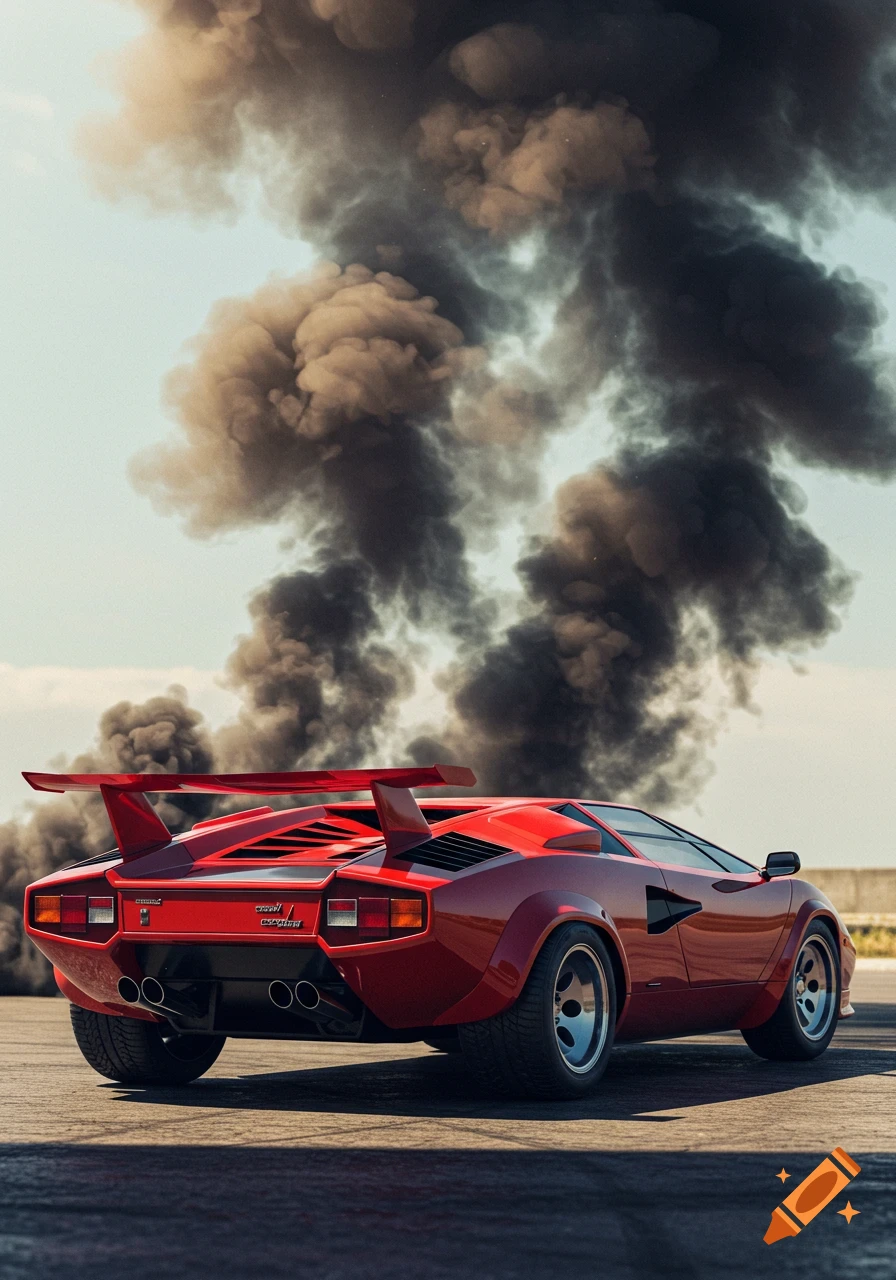 A vibrant red Lamborghini Countach viewed from behind, emitting thick plumes of black diesel smoke against a pale sky.
