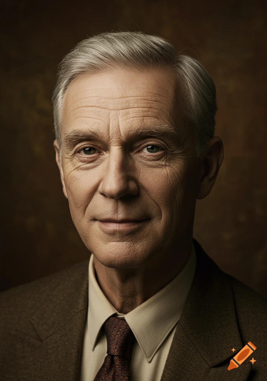 Photorealistic portrait of a smiling older man with grey hair, wearing a brown suit and patterned tie.