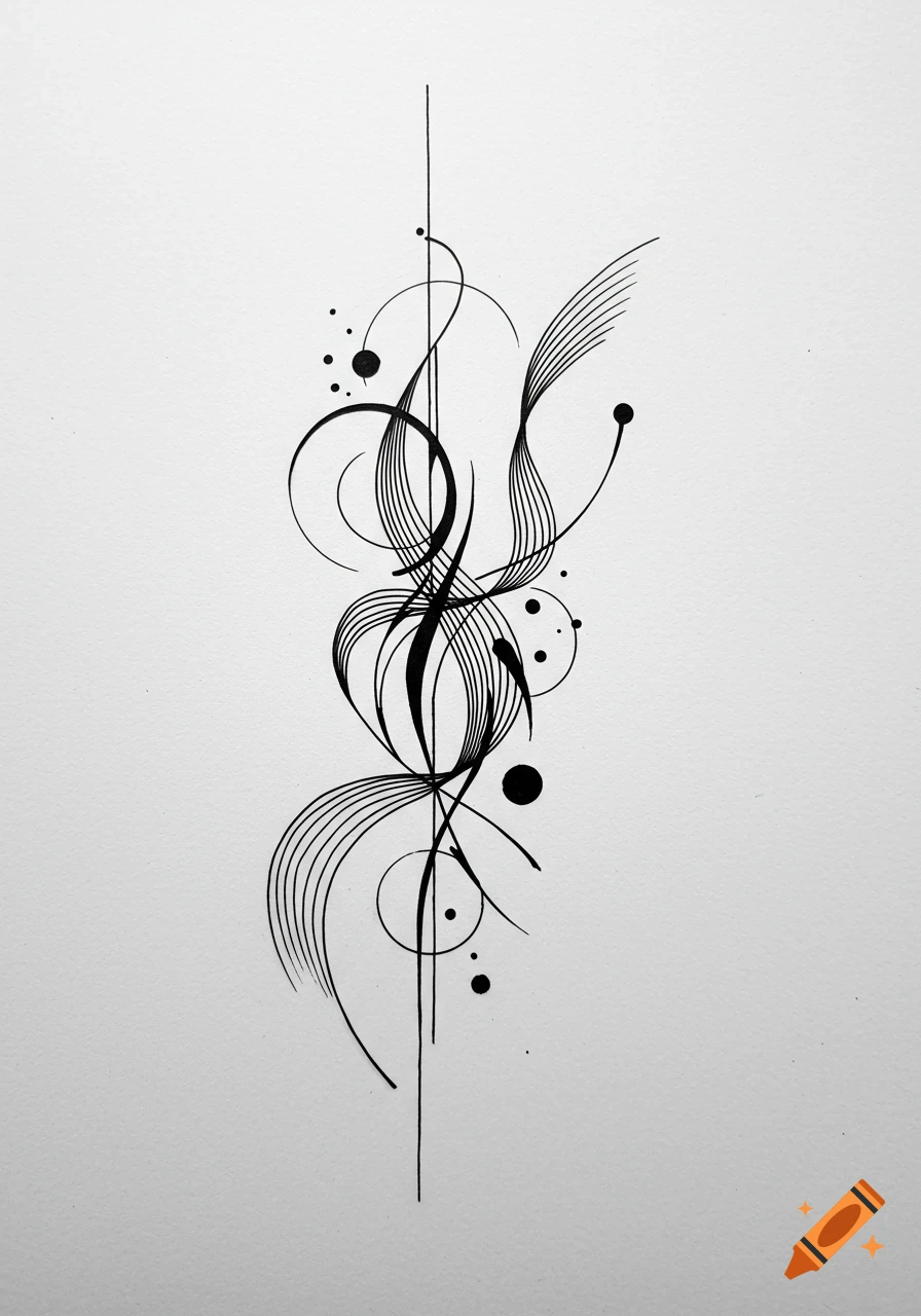 A minimalist black and white line art tattoo design with abstract swirling lines, curves, and dots forming an elegant vertical composition.