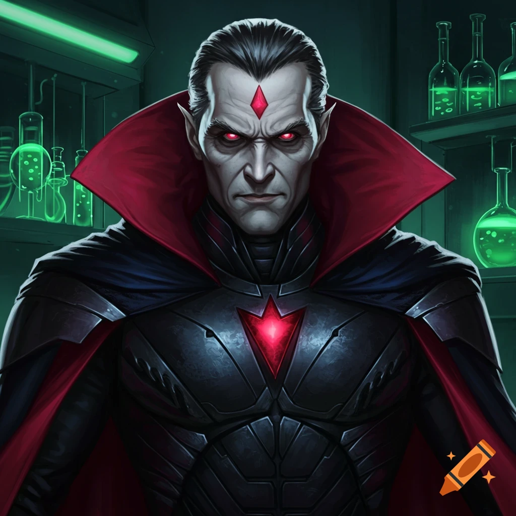 A pale, severe man with red eyes and a diamond on his forehead, in dark armor and a red-lined cape, stands in a green-lit lab.