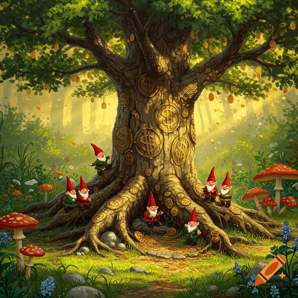 Gnomes gather golden coins around a large tree with dollar signs on its bark and hanging from branches in a magical forest.