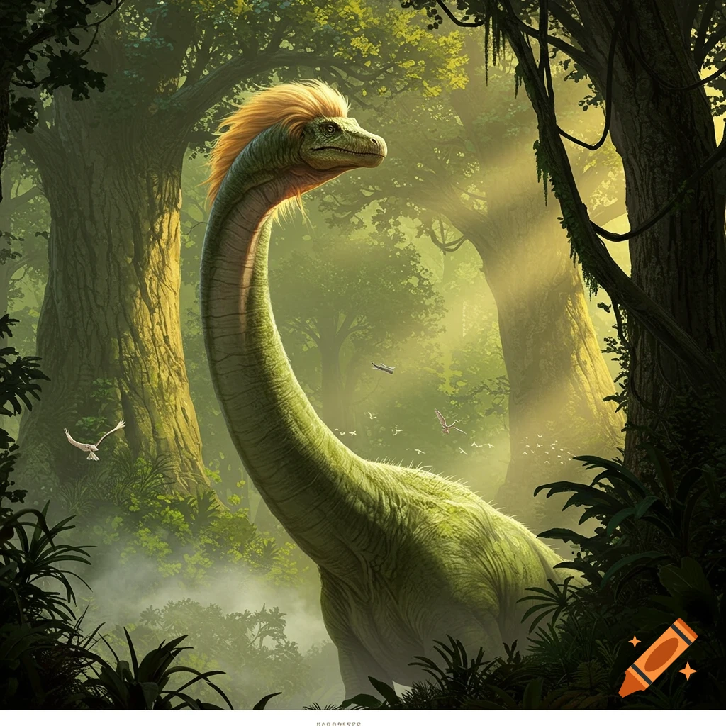 A long-necked green dinosaur with a golden, lion-like mane stands in a lush, sun-dappled tropical jungle.