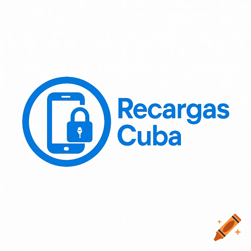 A blue logo with a phone and padlock icon in a circle, next to the words 'Recargas Cuba'.