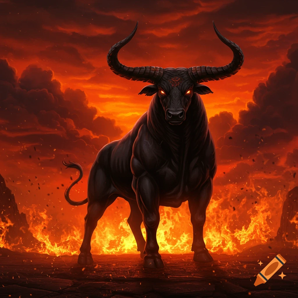 A dark, muscular bull with glowing red eyes and massive horns stands in a fiery, volcanic landscape under a red sky.