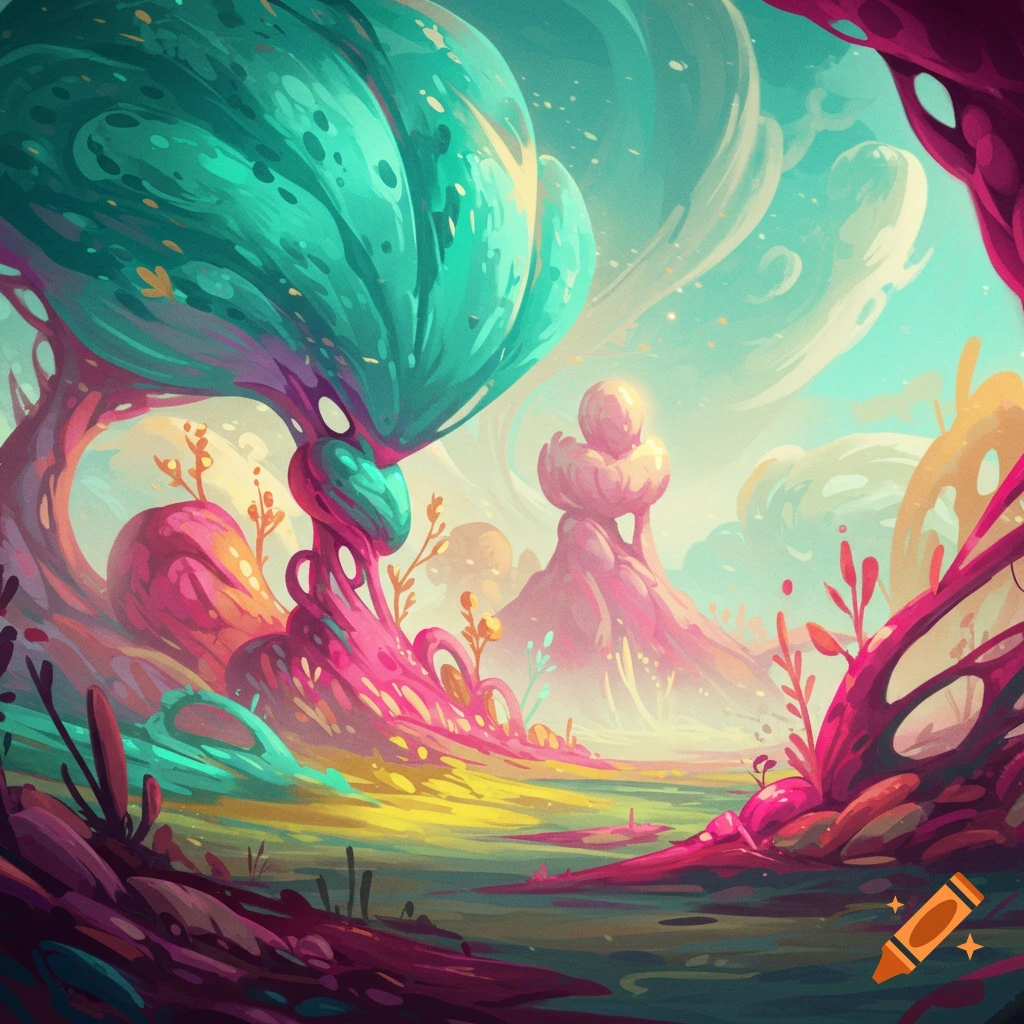 Vibrant, colorful, surreal alien landscape with organic plant-like structures and unusual formations under a cloudy sky, illustration.
