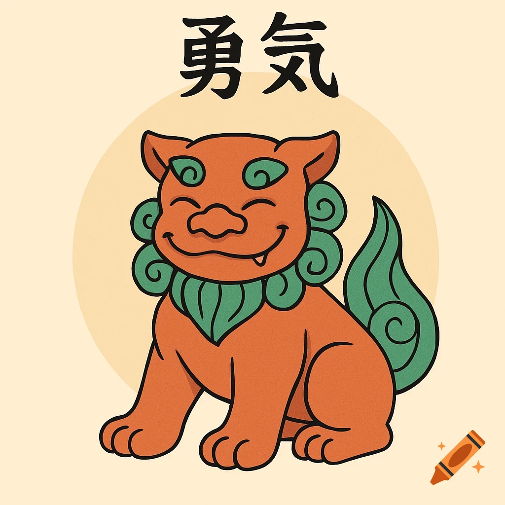 A cute, stylized orange and green shisa dog with the Japanese kanji for courage above it.