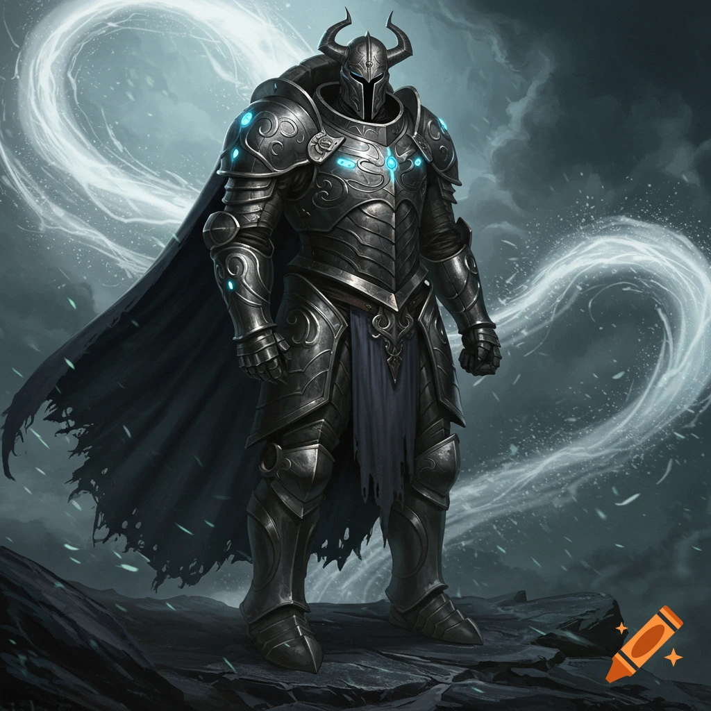 A towering knight in dark, ornate armor, horned helmet, and glowing blue accents stands on a rocky landscape with ethereal light.