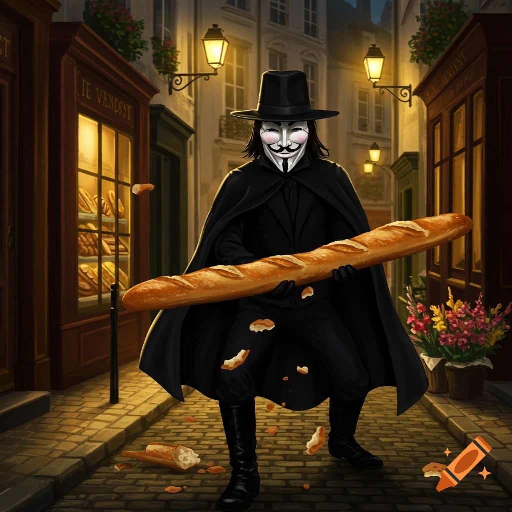 V from V for Vendetta holds a giant baguette like a weapon on a cobblestone street, surrounded by bakeries and scattered bread crumbs. Dark, painterly style.