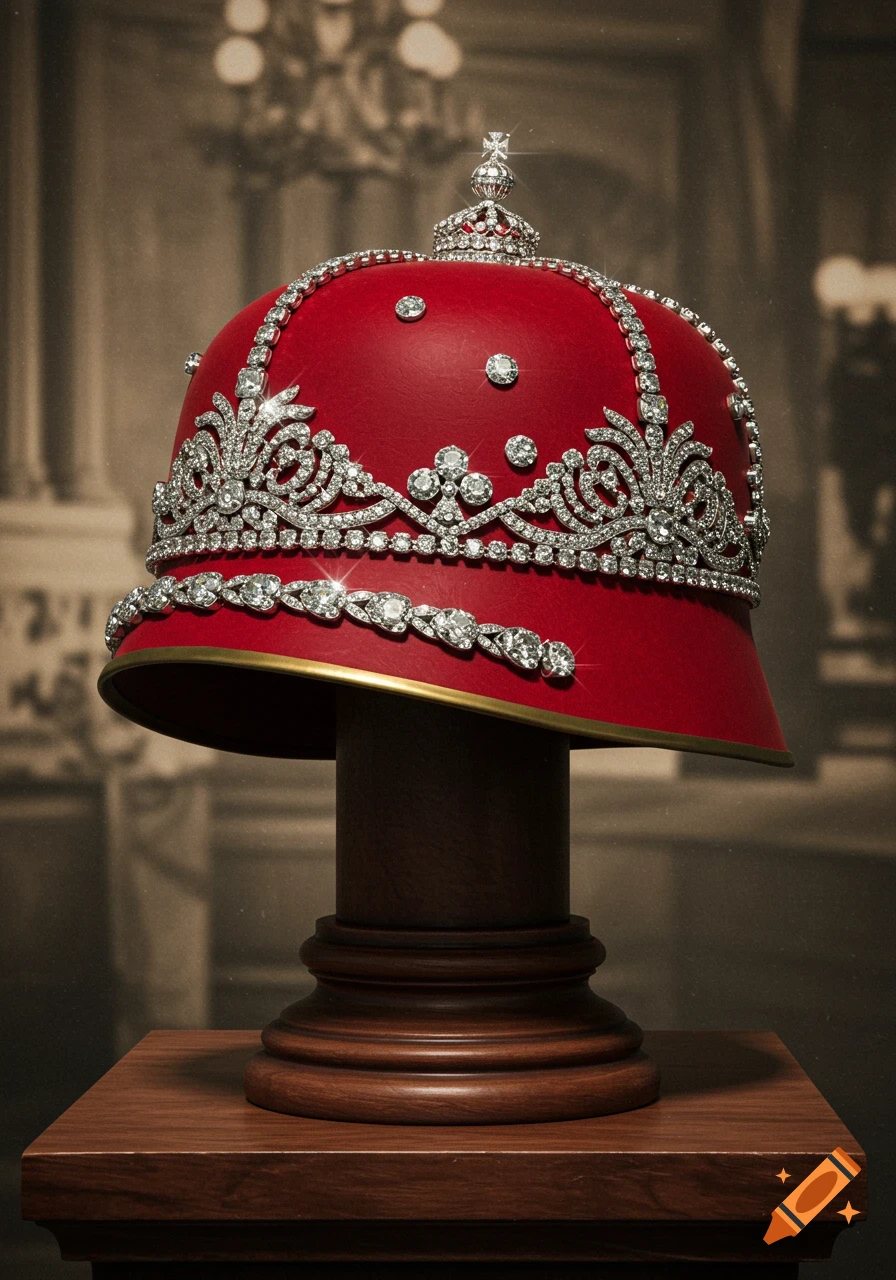 A red, diamond-encrusted helmet resembling a historical military or king's hat, displayed on a wooden stand.