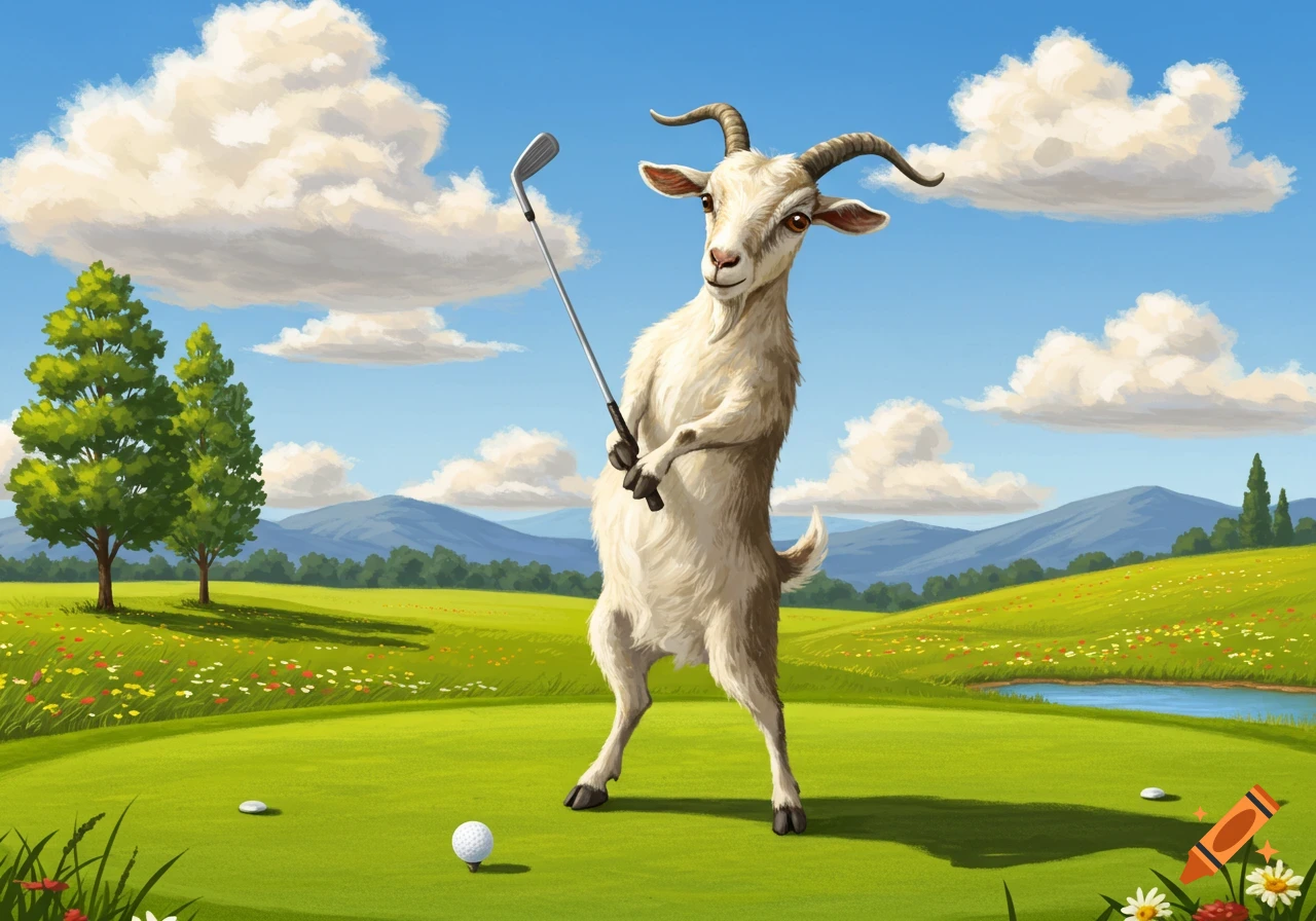 Cartoon goat stands on a golf course, holding a golf club over a golf ball, under a sunny sky.