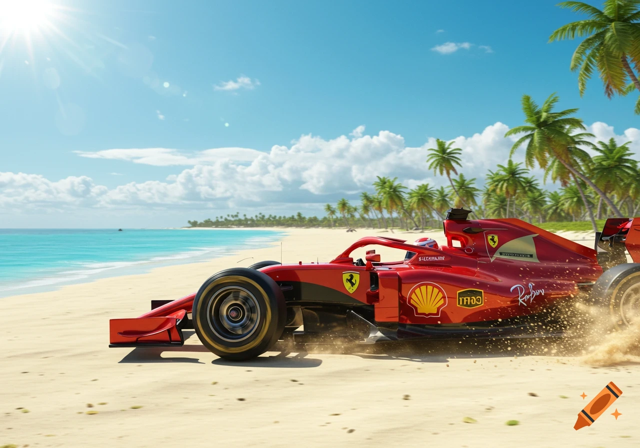 A red Formula 1 racing car speeds across a sunny tropical beach, kicking up sand, with palm trees and blue ocean.