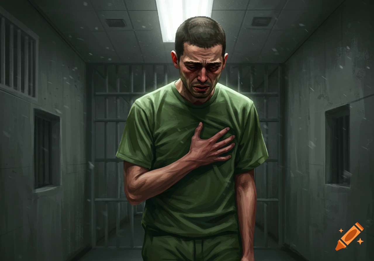 A distressed man in a green shirt clutches his chest, possibly having an asthma attack, in a dimly lit prison cell. Digital art.