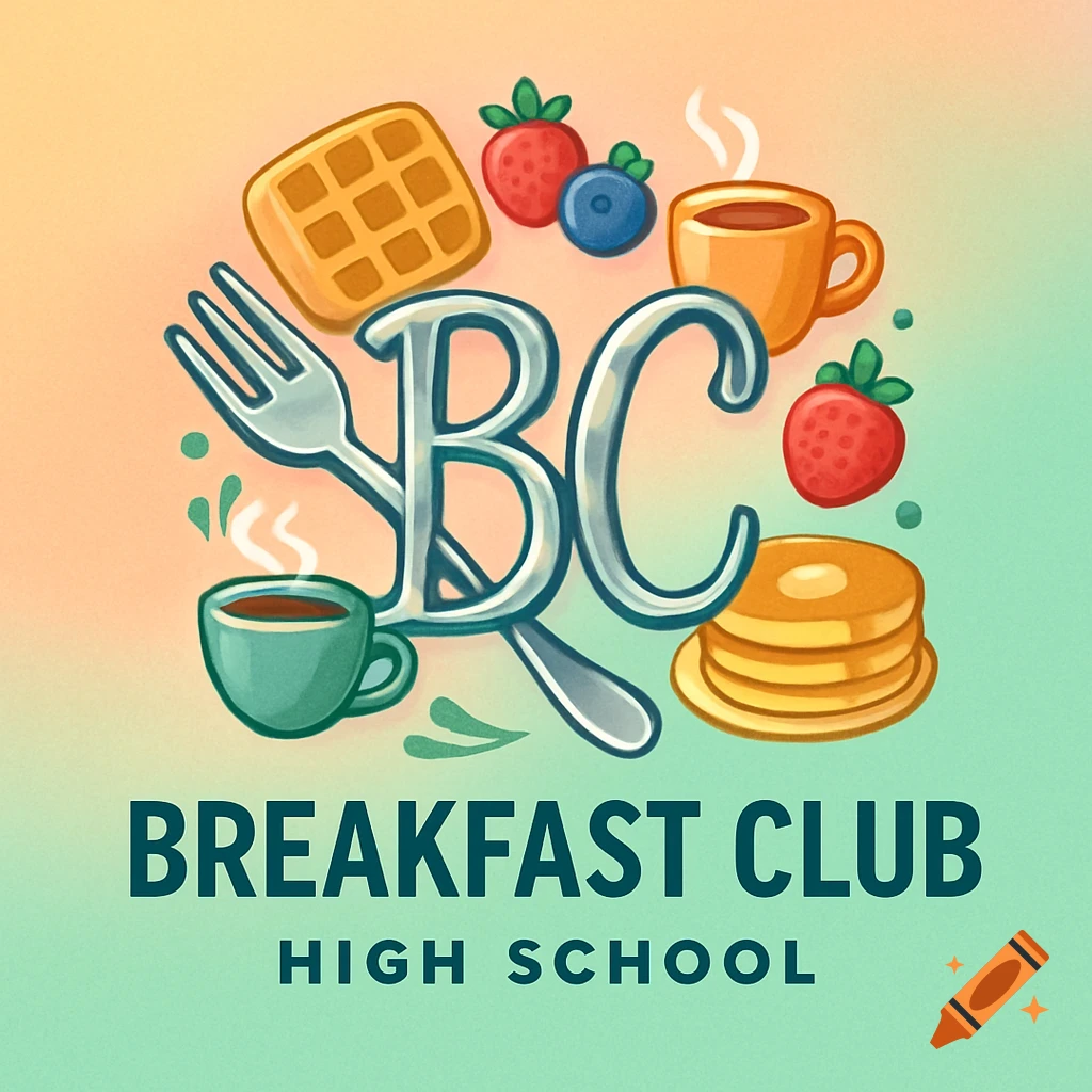 Cartoon logo for 'Breakfast Club High School' with 'BC' made of a fork and spoon, surrounded by waffles, pancakes, fruit, and coffee cups.