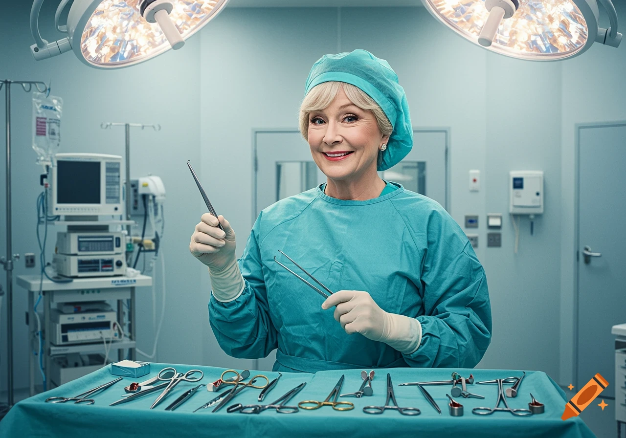 An older woman surgeon in teal scrubs and gloves smiles in an operating room, holding surgical instruments, photorealistic.
