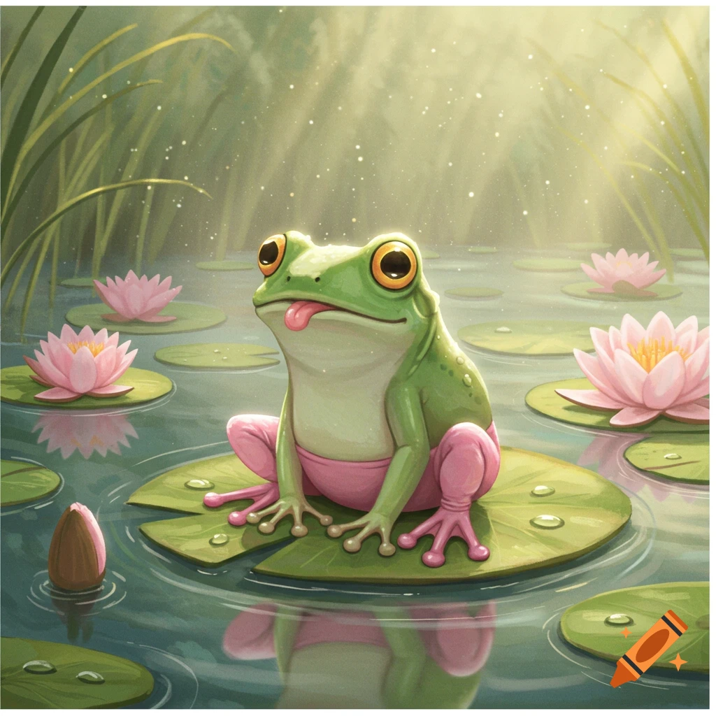A cute green frog wearing pink leggings sits on a lily pad, its tongue poking out, surrounded by pink water lilies in a sparkling pond.