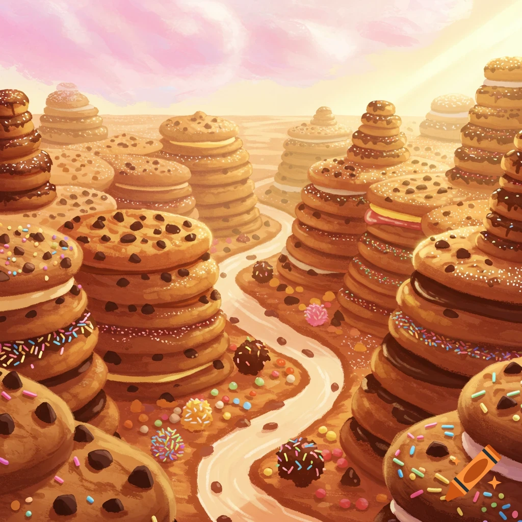 A vibrant, whimsical illustration depicting a canyon landscape formed by towering stacks of chocolate chip and frosted cookies, with candy sprinkles and truffles scattered along a path under a pink sky.