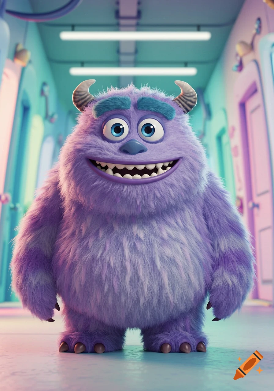 A friendly, furry purple monster resembling Sully from Monsters Inc. smiles in a brightly lit hallway.