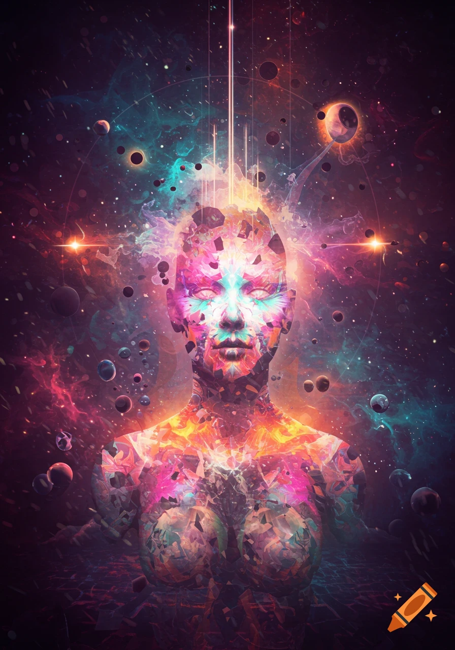 A colorful, fragmented human bust glows in a psychedelic cosmic scene with stars, nebulas, and planets.