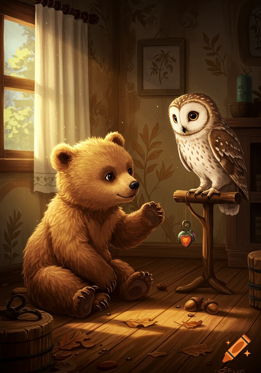 Whimsical illustration of a cute baby bear sitting on a wooden floor, looking at an owl perched on a stand in a cozy, sunlit room.