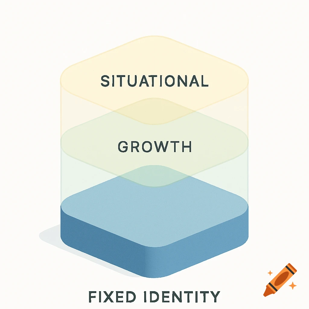 A minimal infographic with three rounded hexagonal layers: yellow "SITUATIONAL" on top, green "GROWTH" in the middle, and blue "FIXED IDENTITY" at the base.