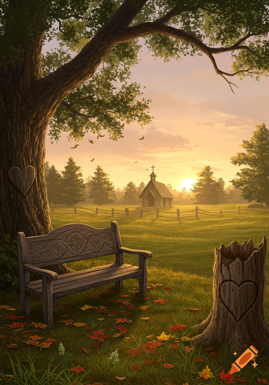 Rustic outdoor scene with a wooden bench under a large tree, a chapel in a field, and carved hearts on wood at sunset.