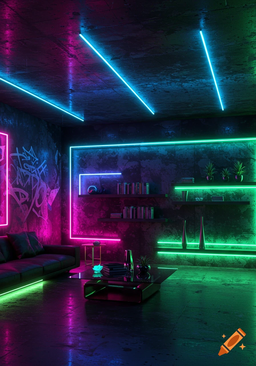 A dark, moody room with a couch and shelves, illuminated by vibrant blue, green, and pink neon lights, with graffiti on the wall.