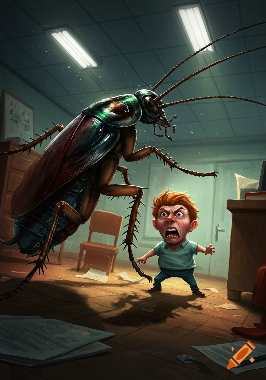 A giant, metallic-green cockroach looms over a small, terrified ginger man in an office. Cartoonish illustration.