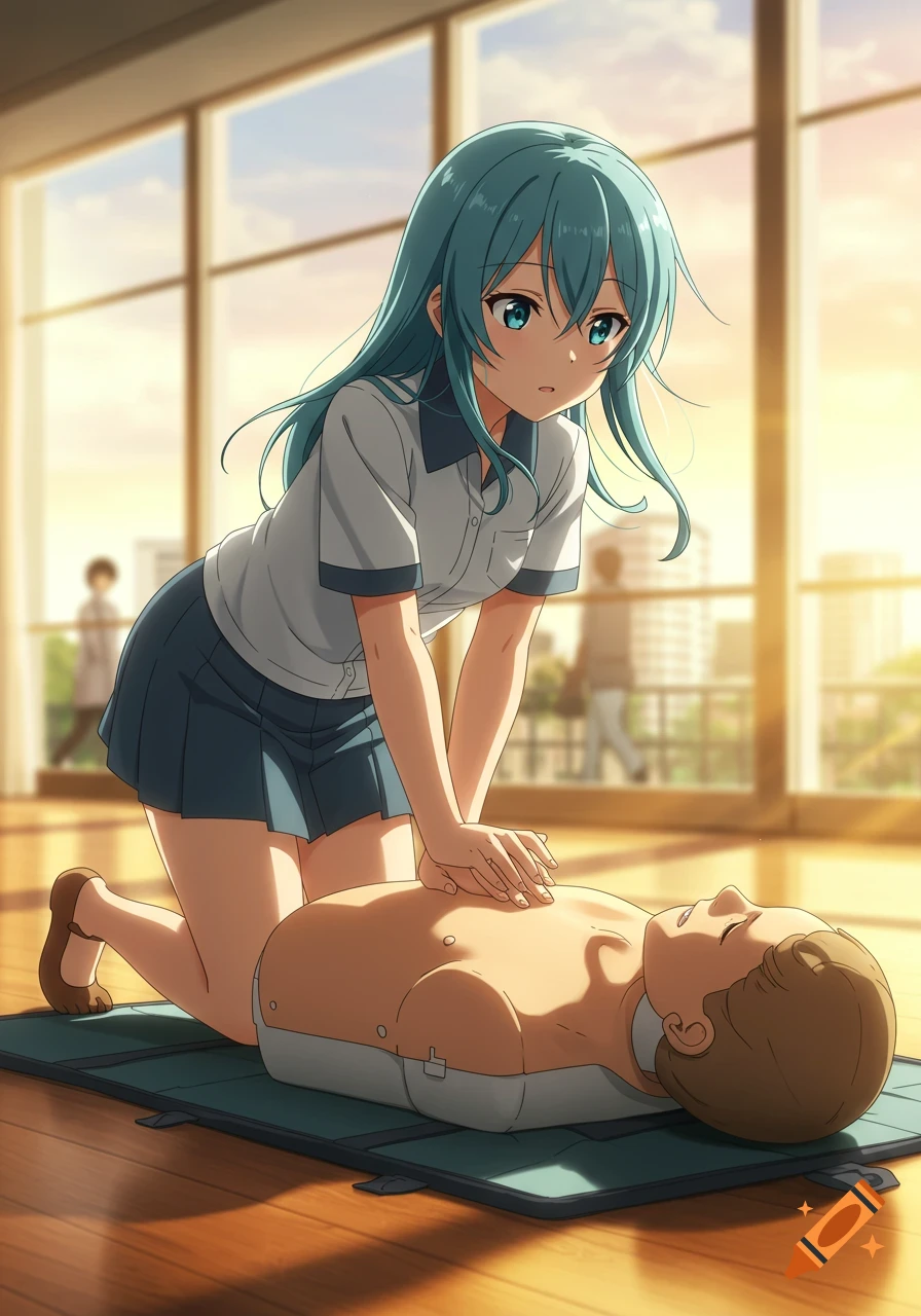 Anime girl with teal hair practices CPR on a dummy in a sunlit classroom.