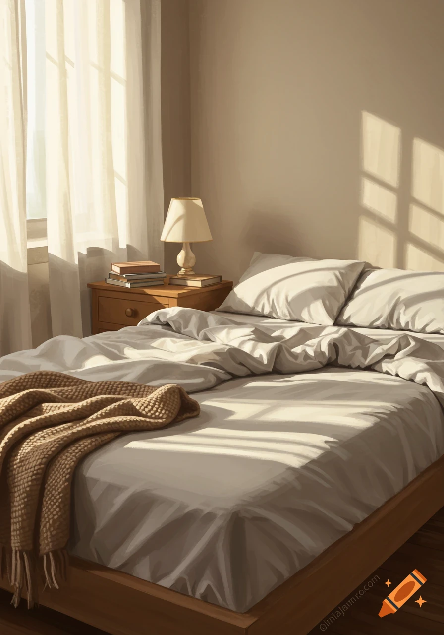 Cozy illustration of an empty sunlit bedroom with a bed, nightstand, lamp, and books.