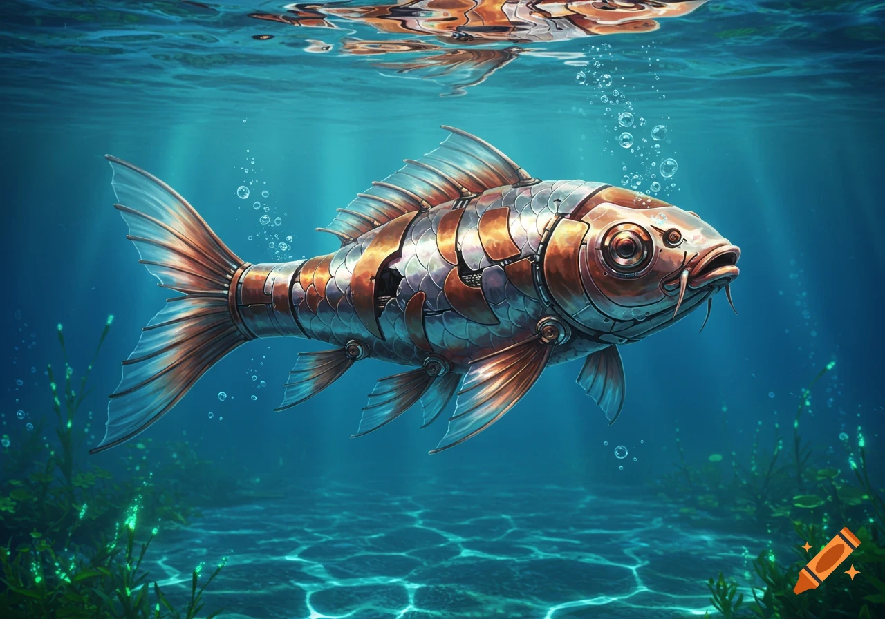 A highly detailed biomechanical koi fish swims in clear blue water with light rays and bubbles.