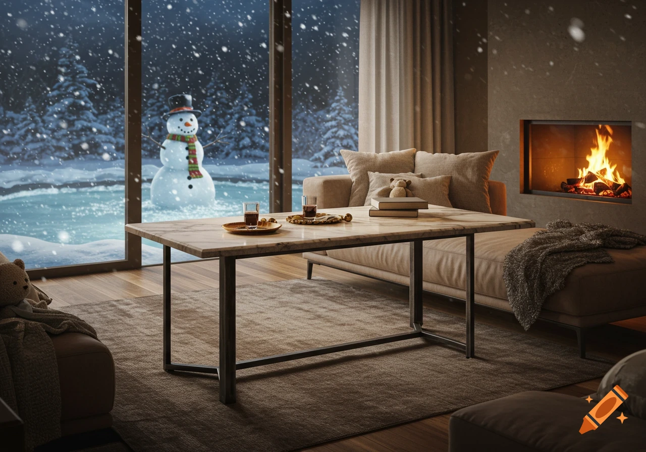 A warm living room with a fireplace and sofa, looking out a large window at a snowy landscape with a snowman and frozen pool.