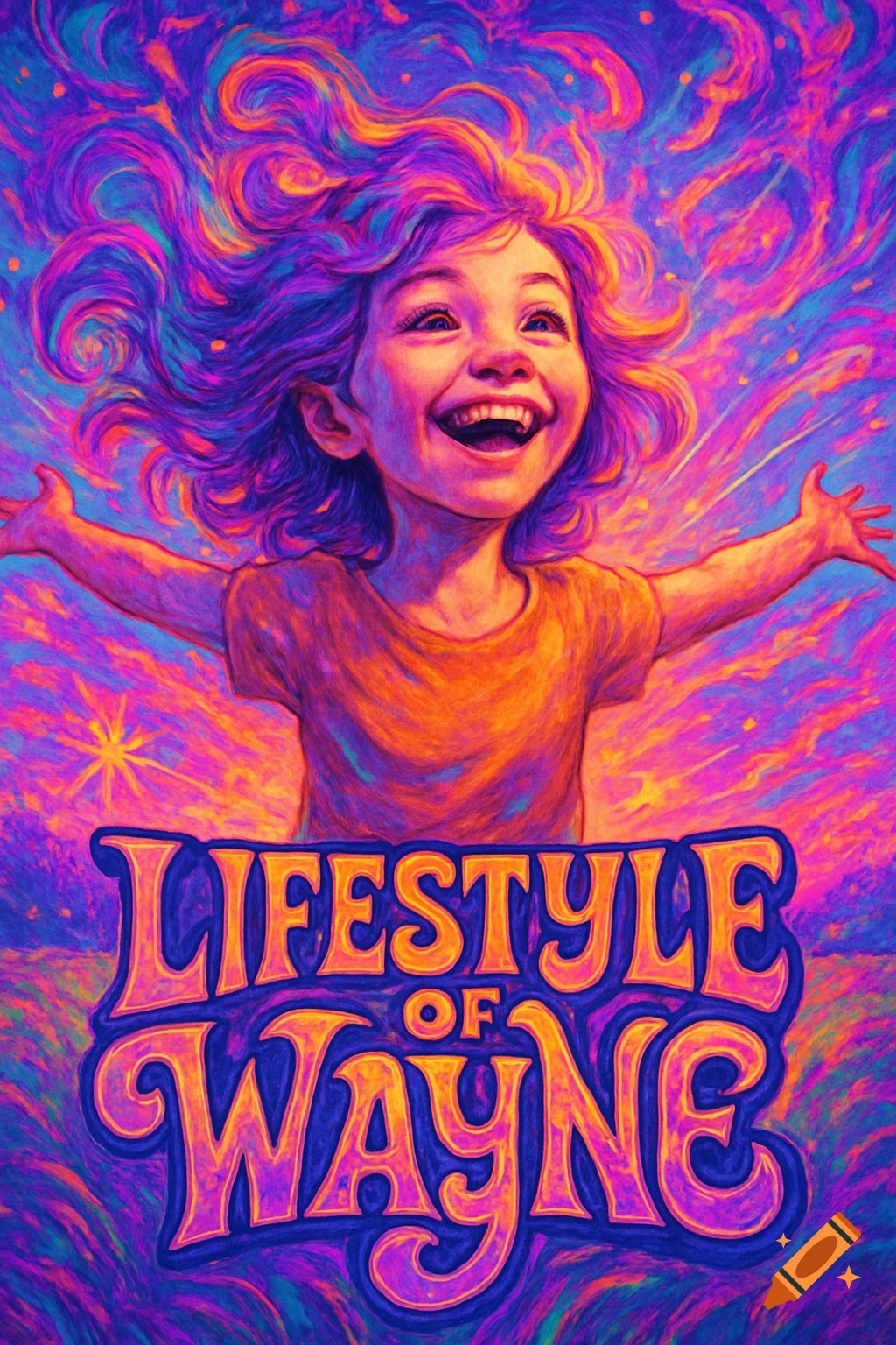 Psychedelic illustration of a joyful child with swirling, colorful hair and a vibrant background, with "LIFESTYLE OF WAYNE" text.