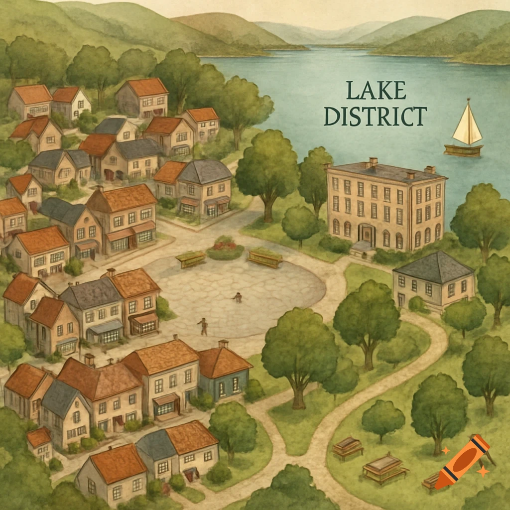 A charming watercolor illustration of a town map by a lake with mountains, featuring houses, a town square, and text 'LAKE DISTRICT'.