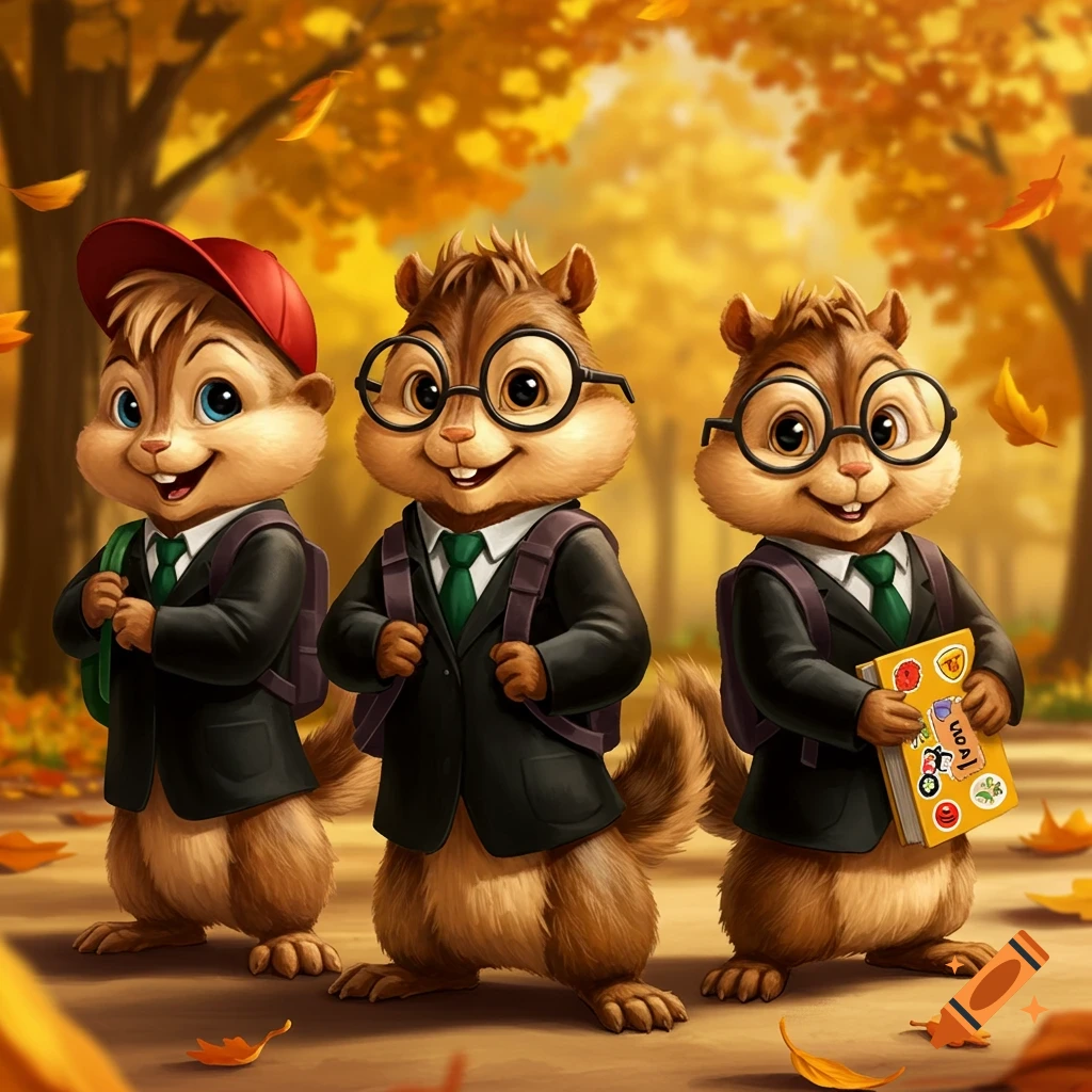 Three cartoon chipmunks in black school uniforms with green ties and backpacks, standing in an autumn park with falling leaves. One wears a red cap, two wear glasses, and one holds a yellow book with stickers.