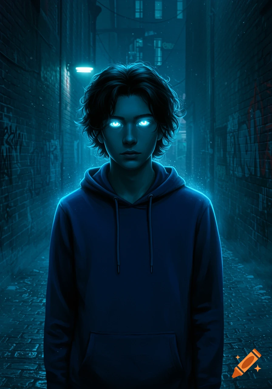 A young boy with glowing blue eyes and dark hair, wearing a dark blue hoodie, stands in a dimly lit, graffiti-covered alley.