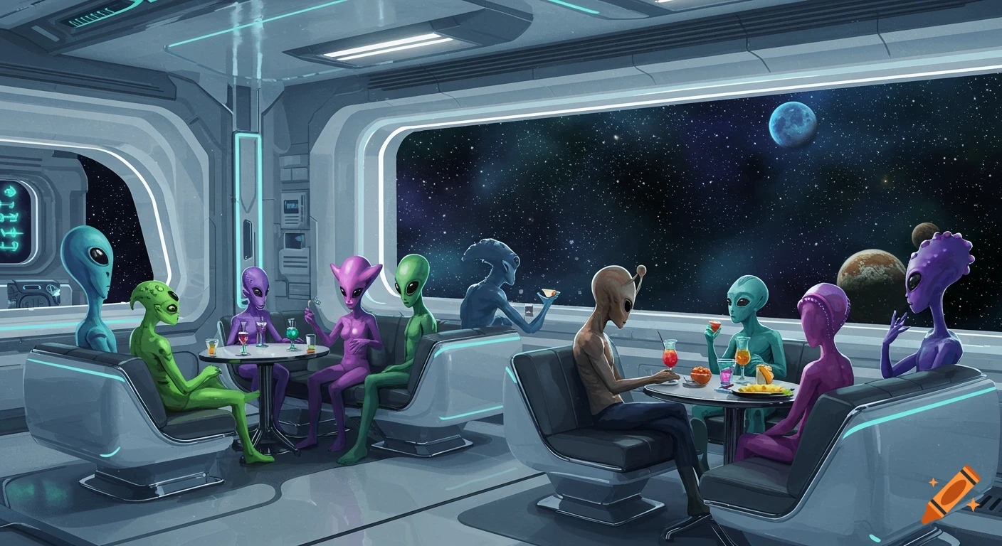 Colorful aliens drink and socialize in a futuristic space lounge with a panoramic view of planets and stars. Stylized art.