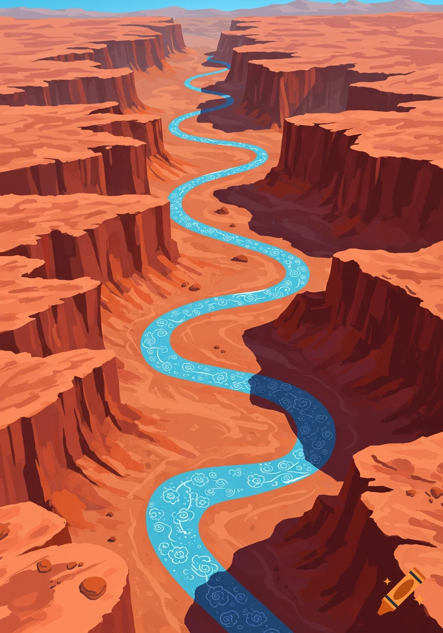 An aerial view of a vibrant red canyon with a winding blue river, stylized as a ribbon adorned with white floral patterns, in a simplistic digital art style.