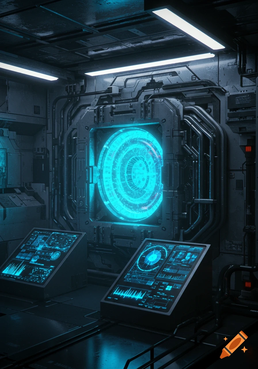 A futuristic room with a glowing blue reactor core embedded in a wall, flanked by two control panels displaying blue data.