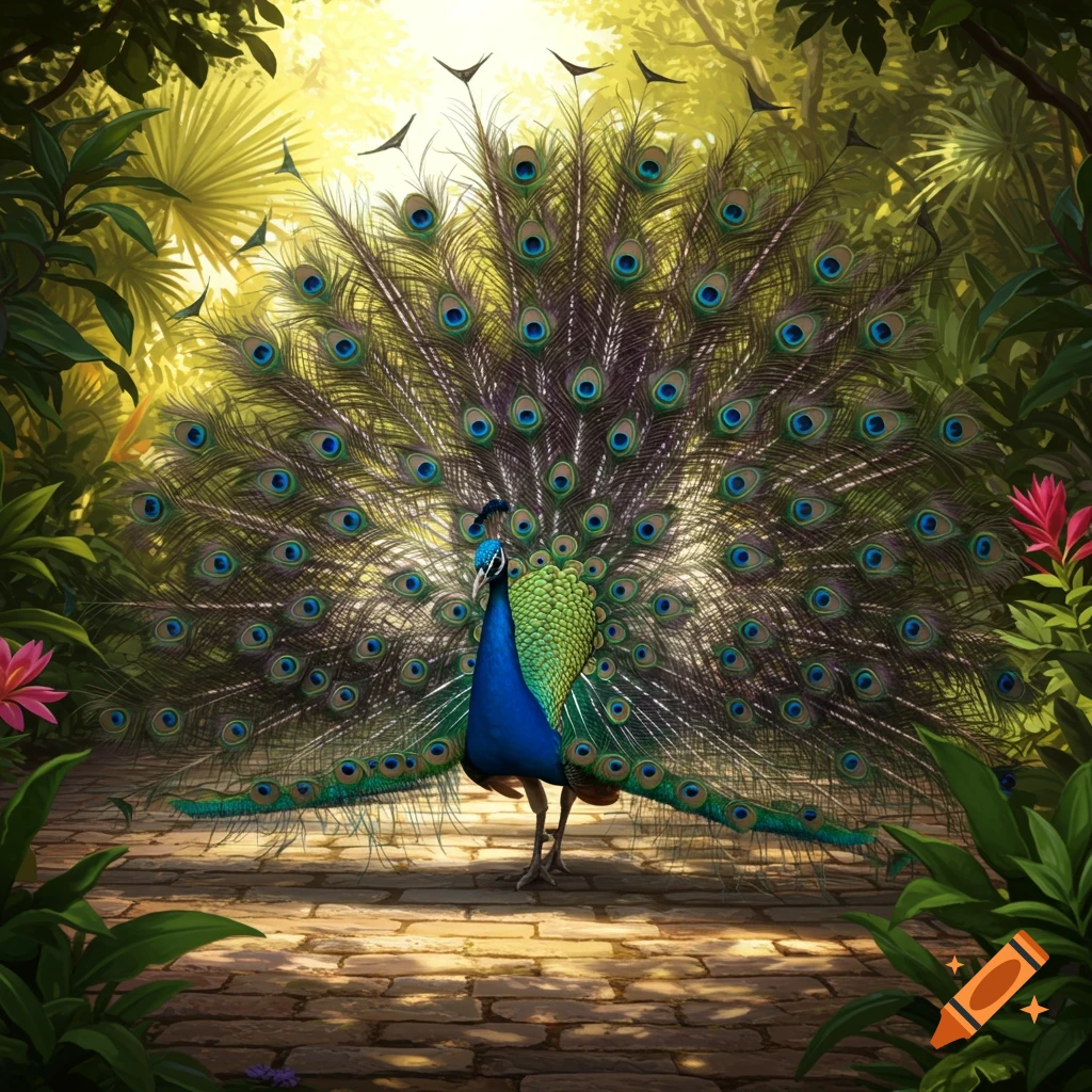 A vibrant peacock with its large, fanned-out tail stands on a stone path in a lush, sunlit jungle.
