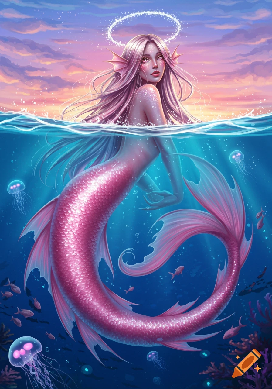 Pink-haired mermaid with a halo emerges from sunset waters, her shimmering pink tail descends into a deep blue ocean with jellyfish.