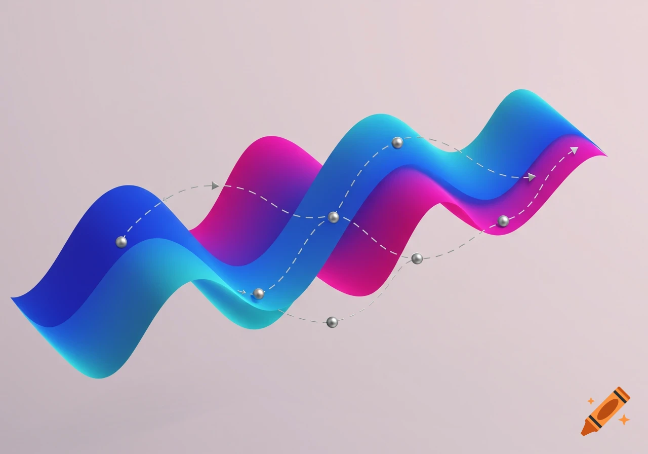 Abstract 3D wavy gradient curve in blue and pink with dotted path and metallic spheres on a light background.