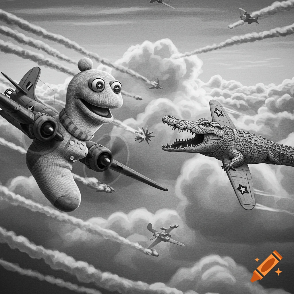 A grayscale illustration of a sock puppet bomber plane battling a crocodile plane in the sky amidst clouds and smoke trails.