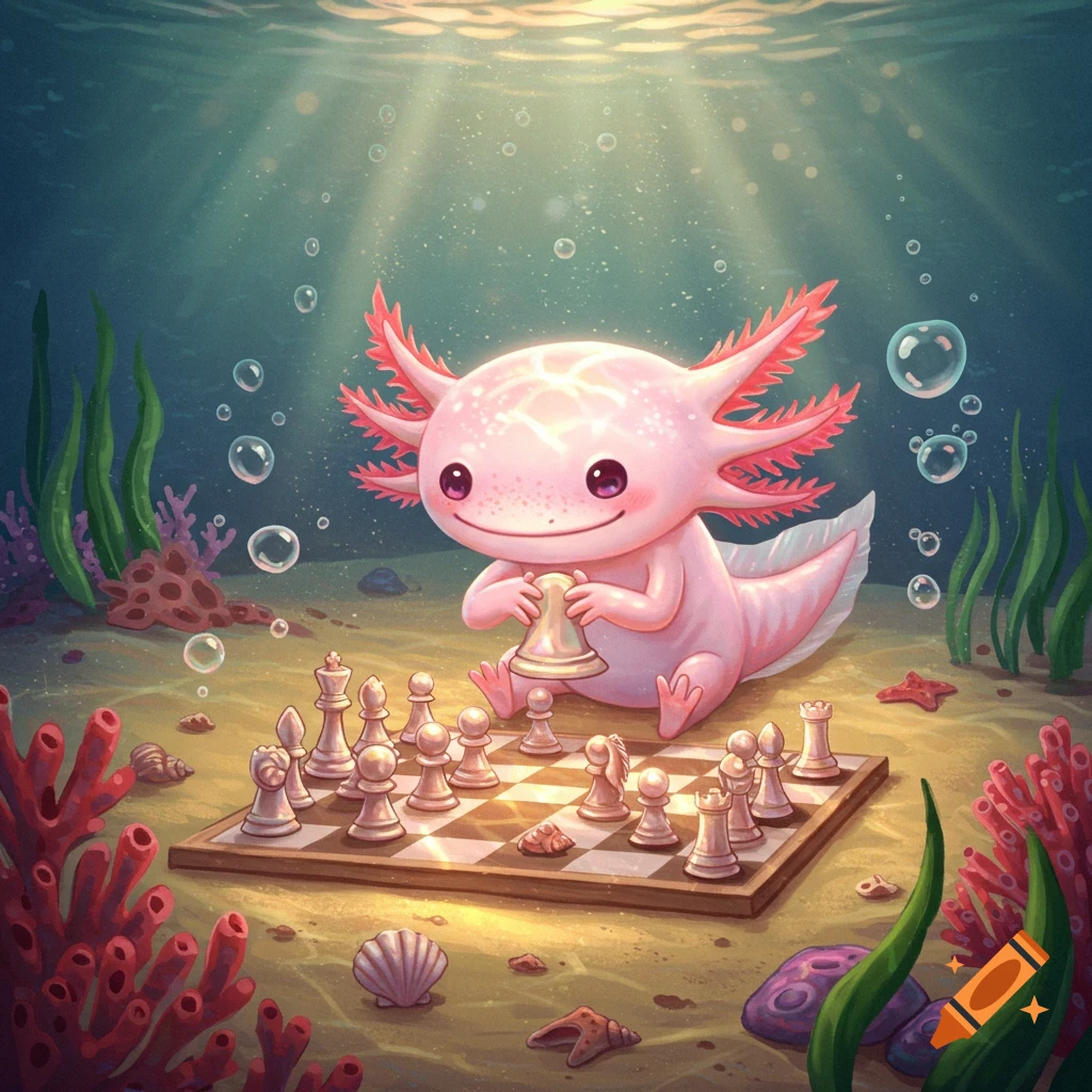 A cute pink axolotl playing chess on the sandy ocean floor surrounded by coral and bubbles.