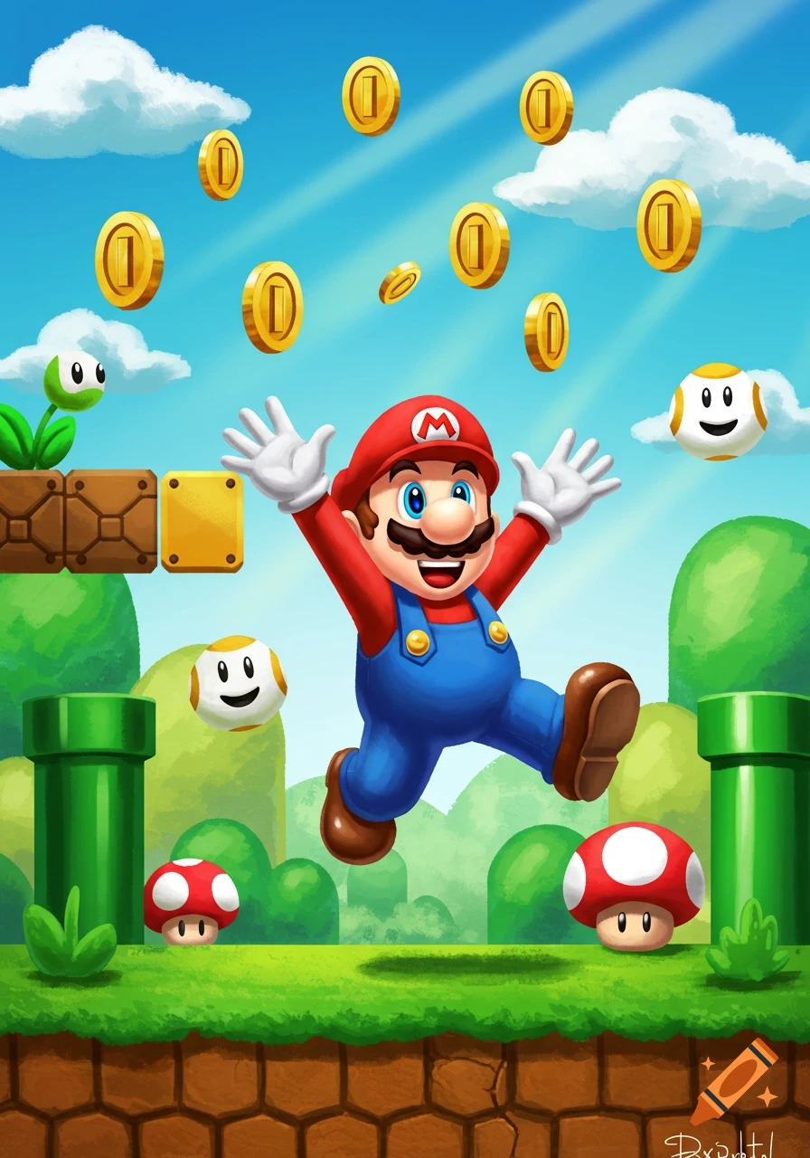 Mario happily jumps in a cartoon Super Mario Bros. landscape with floating coins, pipes, mushrooms, and a piranha plant.