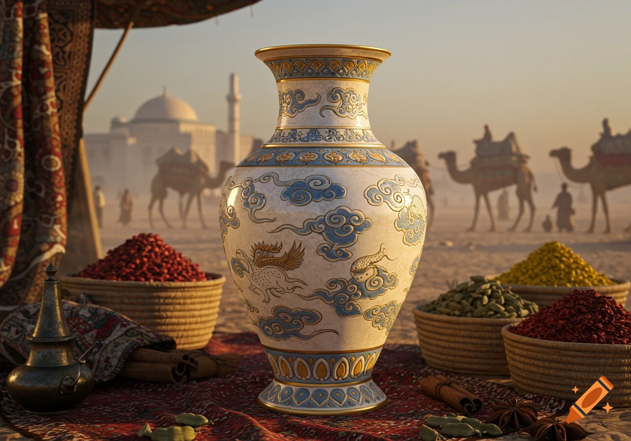 An ornate porcelain vase on a patterned rug with baskets of spices, set against a blurry desert backdrop with camels and a distant building.
