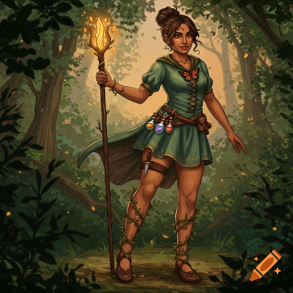 A Latina fantasy wizard in a green dress and vine-wrapped legs, holding a glowing staff in an enchanted forest.