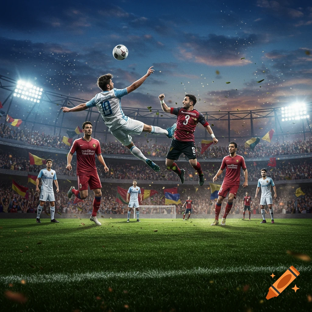Photorealistic image of soccer players mid-air jumping for the ball in a packed stadium during a match at dusk.
