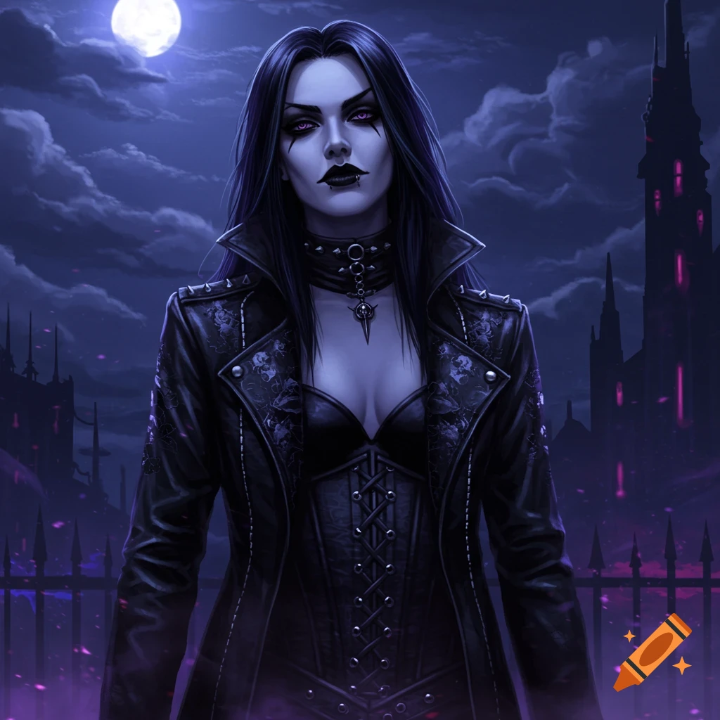 A gothic woman with dark hair, pale skin, and purple eyes, in a black leather jacket and corset, stands under a full moon with a dark castle, digital art.